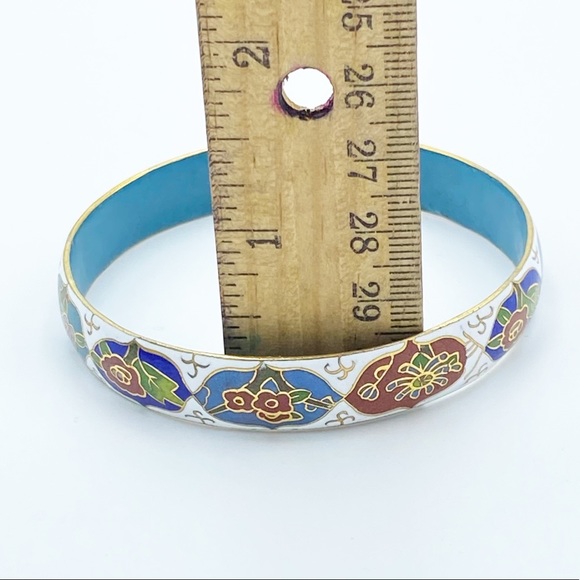 Vintage Cloisonne Flower Enamel Gold Tone Outlines Substantial Bangle Bracelet - Picture 5 of 12